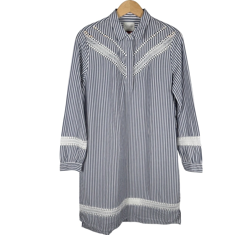 Scotch & Soda‎ Maison Scotch Striped Eyelet Lace Shirt Dress Womens L Blue White